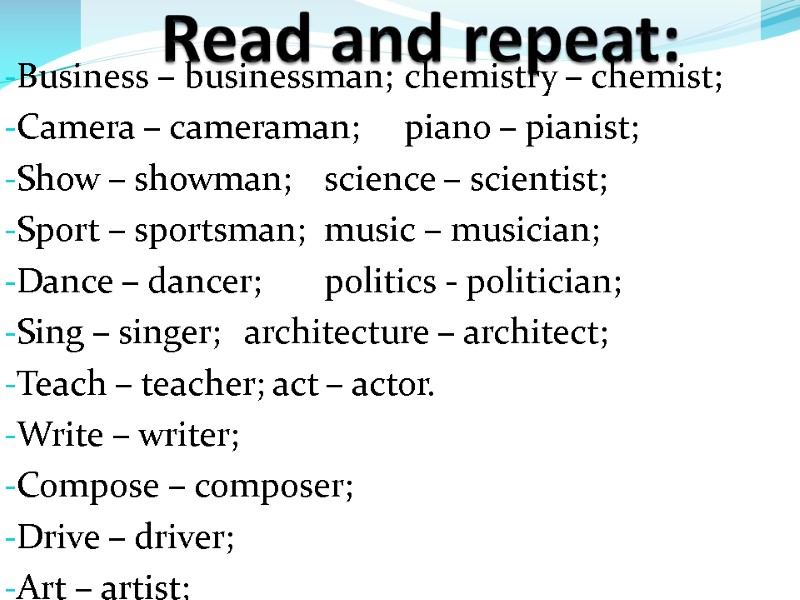 Read and repeat: Business – businessman; chemistry – chemist; Camera – cameraman; piano –